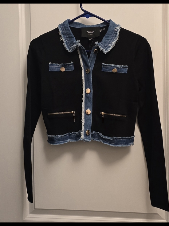 New Aleeza Paris Crop Black with Denim Trim Knit Cardigan XS - Picture 2 of 6